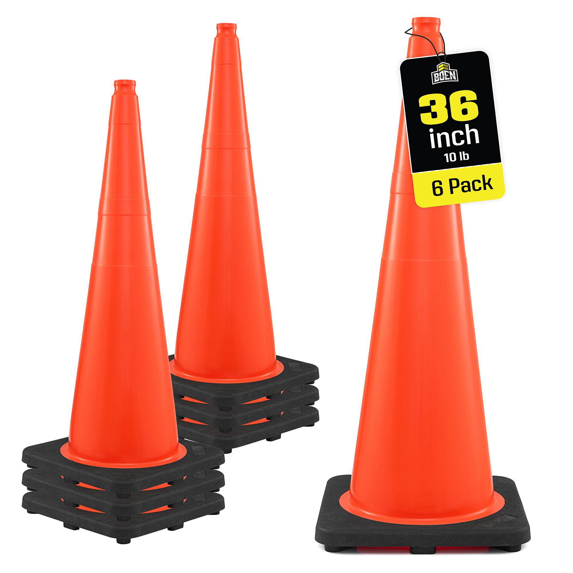 Boen 36 in, Orange Traffic Cones, 6-Pack, High-Visibility Safety Cones with 10 lb. Base for Parking, Construction & Traffic Control